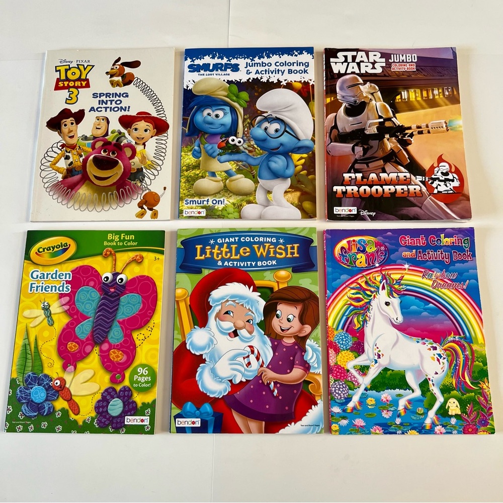 Huge Lot 6 Kids Art Coloring Books Disney Toy Story Smurfs Star Wars Crayola